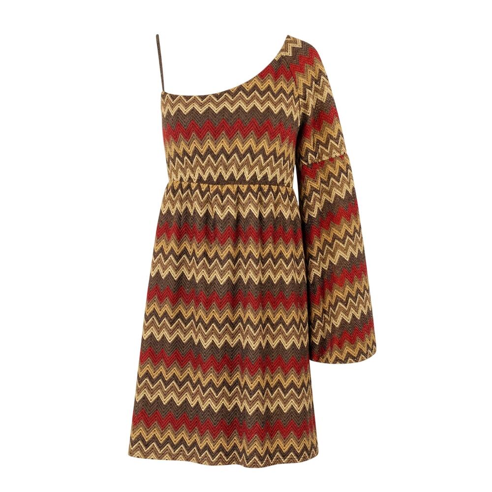 Judith March One‑Shoulder Chevron Dress Women’s Large Brown Red Bell Sleeve Boho